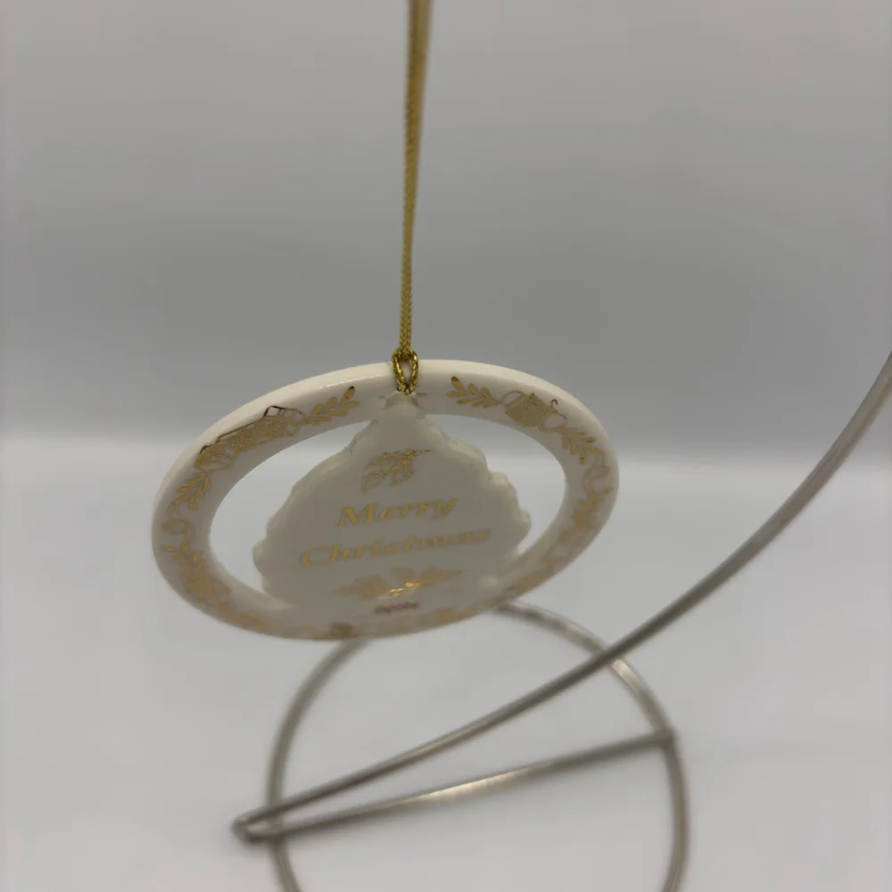 Vintage 1990s Spode Christmas Tree Ornament Ceramic Round Cutout Gold Trim Box